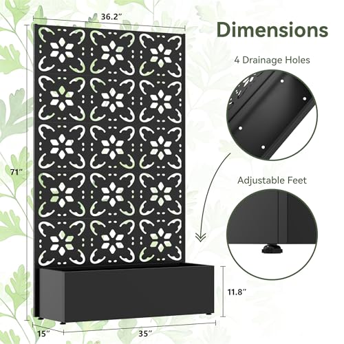 COFaR 71"Tall Metal Planter Box with Trellis,Outdoor Privacy Planter Screen - color: Floral_black