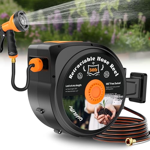 Retractable Garden Hose Reel, 1/2 in x 50 ft Wall Mounted Hose Reel - size: 50 FT