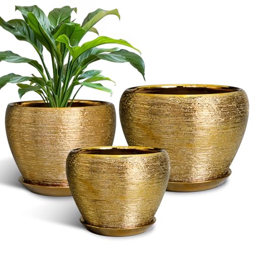 Flower Pots for Indoor & Outdoor Plants - Ceramic Pots 10 Inch, 8 Inch, 6 Inch with Drainage Holes, Saucers - Decorative Large Planters Set of 3 Gold - color: Gold