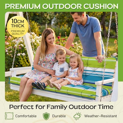 Oxford Fabric Swing Cushions with Backrest & Tie Straps for Patio Bench - color: Teal Stripe