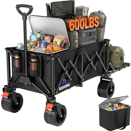 220L Folding Wagon with Detachable 14 Gallon Cooler Bag, Extra Large All-Terrain Heavy Duty Collapsible Beach Wagon Cart with Big Wheels, Foldable Utility Cart for Camping, Tailgate - color: Black, size: 220L