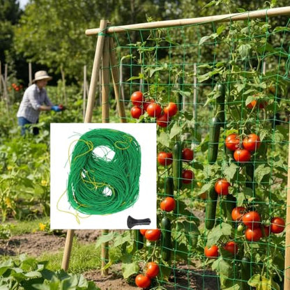 Heavy Duty Trellis Netting for Climbing Plants, Garden Netting for Vegetables, Strong Plant Support Net for Cucumbers, Tomatoes & Peas, with 50 Plant Ties - size: 6.6 ft x 32.8 ft