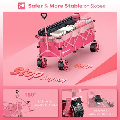Originsure 300L Collapsible Beach Wagon Cart with Big Wheels, 560lbs, Pink - color: Pink
