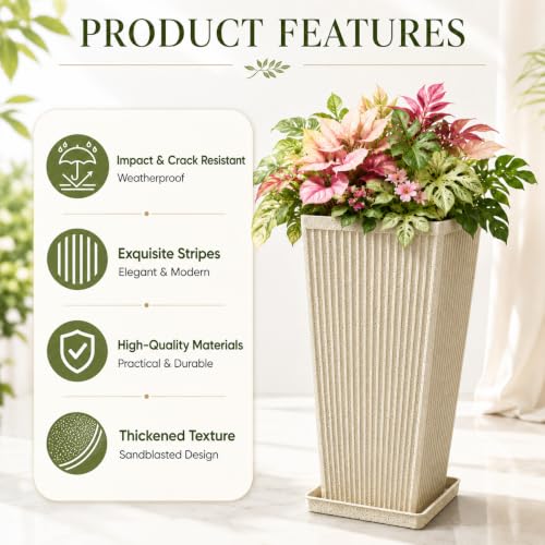NicBex 24" Tall Planters for Outdoor Plants Set of 2 Square Fluted,Beige - color: Beige-sandblasting