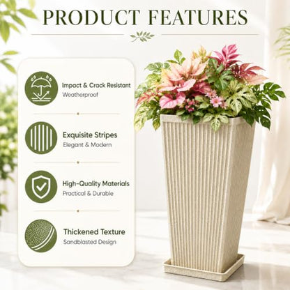 NicBex 24" Tall Planters for Outdoor Plants Set of 2 Square Fluted,Beige - color: Beige-sandblasting