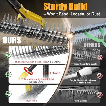 Manual Thatch Rake, 15" Dual-Sided Head with 19 Sharp Tines,55" Adjustable - size: 55''