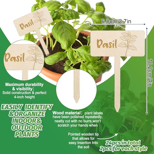 JarThenaAMCS 24Pcs Wooden Plant Label Signs 12 Styles Spring Summer Garden Herb Markers Wood T-Type Tags Reusable Plant Stake Tags with Names for Nursery Indoor Outdoor Garden Decor