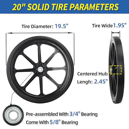 GICOOL 20'' Flat Free Wheels, for Rubbermaid Wheelbarrow Tires, 2 Pack - size: 20'' Flat Free(Straight Tread)