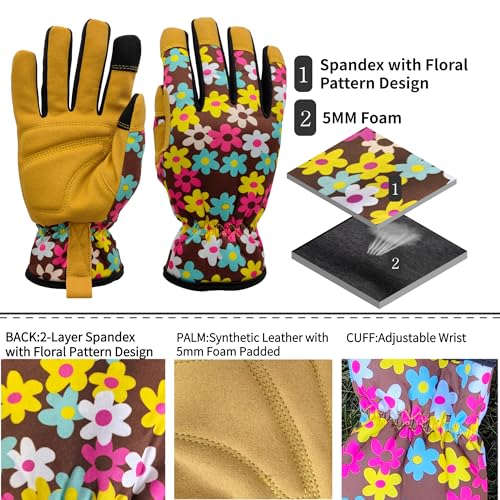 Cute Pattern Gardening Gloves,Thornproof Garden Glove,Gardener Gift - color: Yellow&colorful Flowers, size: Medium