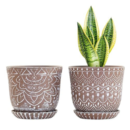 Gepege Ceramic Plant Pots, 6 Inch Indoor Planters with Drainage & Saucers - color: Brown-c, size: 6 Inch - Set of 2