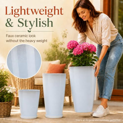 Neoaider Set of 3 Tall Planter, 24/21/12in Large Plastic Planter, WhiteJade - color: White Jade