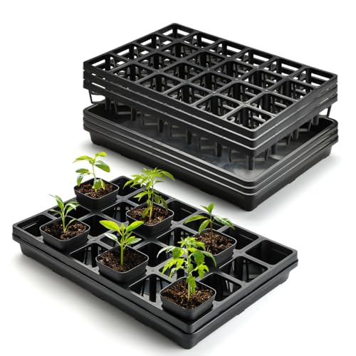 RooTrimmer 24 Cell Nursery Pots Trays (17"x11"x2") with Plastic Flat Seed Starter Trays, Durable Carrying Seedling Starter Tray, Reusable Planting Tray for Holding 2.7 inch Nursery Pots, 3 Sets Combo - color: Black, size: Pot Trays + Flat Trays-3P