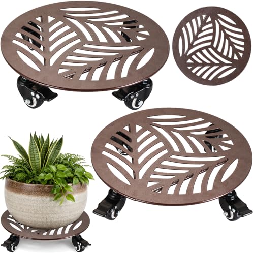 2-Pack Large Metal Plant Caddy with Wheels 13 Inches Heavy-duty Rolling Plant Stands with Casters Wheeled Flower Pot Mover Rollers Rust-proof Iron Planter Dolly Coasters for Indoor Outdoor Use - color: Textured Brown, size: 13"/ 2 packs