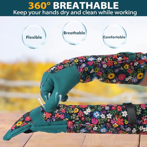 Gardening Gloves for Women, Long Garden Gloves with Grip, Thorn-Proof, Gift - color: Dark Green - Flower
