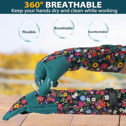 Gardening Gloves for Women, Long Garden Gloves with Grip, Thorn-Proof, Gift - color: Dark Green - Flower