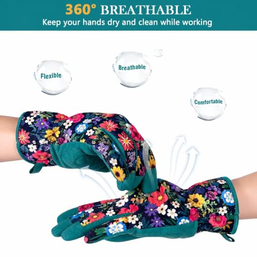 Gardening Gloves for Women, Breathable Leather Garden Gloves,Gardening Gift - color: Dark Green - Flower