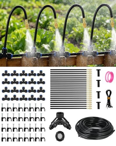 130FT Drip Irrigation System for Garden: 20 Nozzles 1/4" PE Tubing Automatic Watering Kit Adjustable Misting Sprinkler Mister Hose for Water Plants Tape Raised Beds Lawn Outdoor Yard Greenhouse 130FT