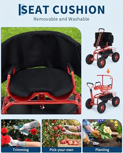 Garvee Heavy Duty Garden Cart, Garden Scooter Rolling Work Seat - color: Red With Back
