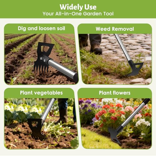 2-in-1 Stand Up Weed Puller & Garden Hoe Rake, 63" Adjustable Long Handle