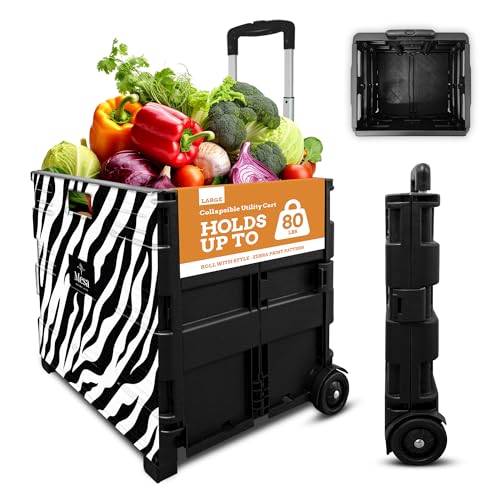 Inspired Living Ultra-Slim Rolling Collapsible Storage Pack-N-Roll Utility-carts, with Telescopic Handle, for Home, Garden, Shopping, Office, School use, Large, Zebra - color: Zebra Print