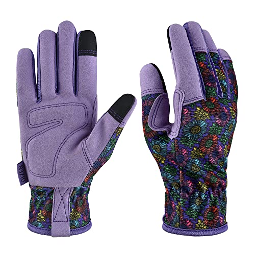 Gardening Gloves for Women and Men,Garden Gloves with Touch Screen, Thorn Proof Puncture Resistant Working Gloves, Gardening Gifts for Women, Size Large - color: Purple Flower, size: Large