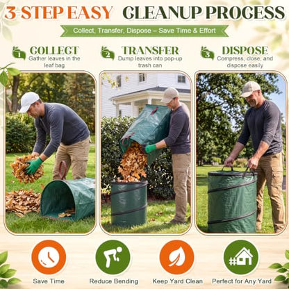 3 Pack Leaf Collector and Yard Waste Bags and Gardening Gloves, 41 Gallon Reusable Leaf Collector, 19 Gallon Pop Up Trash Bin for Grass, Leaves, Debris and Outdoor Cleanup