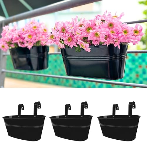 LaLaGreen Hanging Rail Planter (9.8 in, 3 Pack) Black Metal Deck Fence Pots - size: 9.8" (25 cm) x 3 Pack