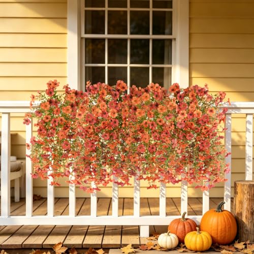 INQCMY Artificial Fall Flowers for Outdoors Faux Mums UV Resistant - color: Orange Fall Red
