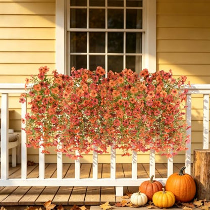INQCMY Artificial Fall Flowers for Outdoors Faux Mums UV Resistant - color: Orange Fall Red