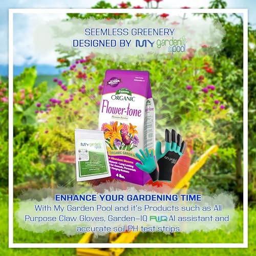 Espoma FT4 Organic Flower-Tone 3-4-5; 4 lb. Bag for Flowers, Annuals, Perennials; with My Garden Pool PH Soil Test Strips 20 ct, and Gardening Claw Gloves and Garden-IQ, Smart Gardening AI Assistant!