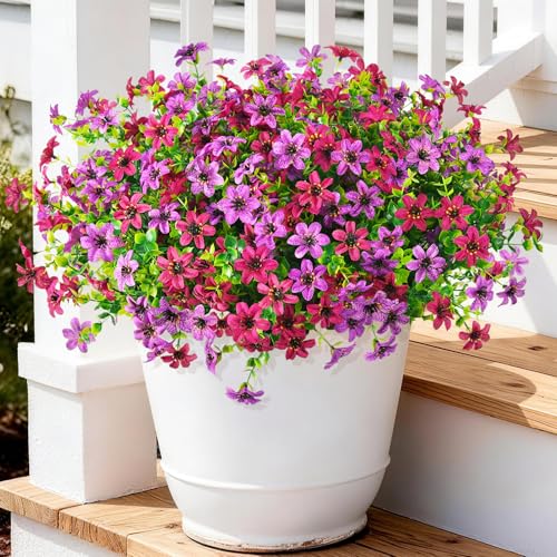 Artificial Flowers for Outdoors Spring Summer Decoration, 12 Bundles Fake Plants UV Resistant Realistic Faux Flower Silk Daisy with Eucalyptus Stem for Patio Planter Porch Yard Window Box Balcony - color: Red Pruple, size: 12 PCS