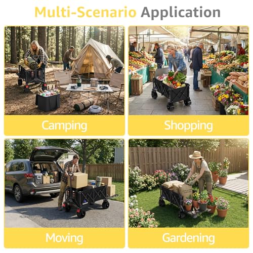 220L Folding Wagon with Detachable 14 Gallon Cooler Bag, Extra Large All-Terrain Heavy Duty Collapsible Beach Wagon Cart with Big Wheels, Foldable Utility Cart for Camping, Tailgate - color: Black, size: 220L