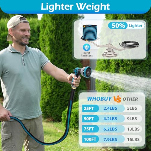 50FT Non-Expandable Garden Hose, Flexible Water Hose with Spray Nozzle, Kink-Resistant, Leakproof 3/4" Brass Connectors, Lightweight & Portable Water Pipe for Yard, Lawn Outdoor - size: 50FT