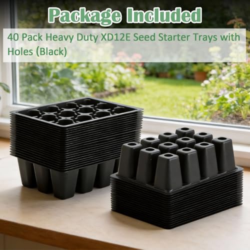 RooTrimmer 40 Pack Reusable 12-Cell Seed Starter Tray with Large Drain Hole - color: Black, size: 12 Cells-40P