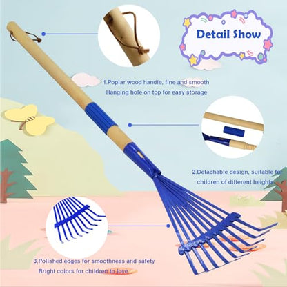 Kids Leaf Rake-Small Wooden Handle Leaf Rake with Metal Tines, 27inches /69cm Length, for Kids Enjoy Garden Cleaning Activities (Blue) - color: Blue