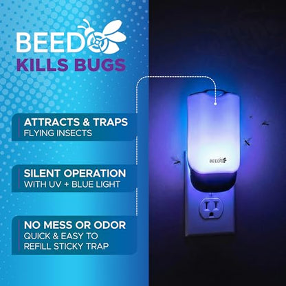 Beedo Gnat Fruit Fly Flying Insect Trap Starter Kit, Indoor Bug Catcher Plug in Device for House, Mosquito, Drain Flies Killer, Blue and UV Light Combo, Zapper Alternative, 1 Device with 5 Glue Insert