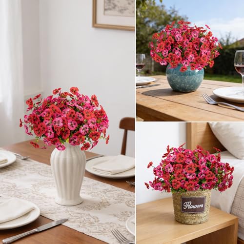 Artificial Flowers for Outdoor Faux Pansies Fake Flowers Plants,12 Bundles - color: Red Dark Pink