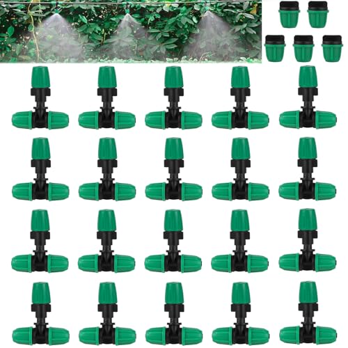 Drip Irrigation Misting Nozzle Kit, 45Pcs Drip Irrigation Parts with 20Pcs 4/7" to 1/4" Barbed Tee Connectors, 20Pcs 1/4" Green Atomizing Misting Nozzles, 5Pcs 4/7" End Caps for Garden Watering - size: Basic Drip Irrigation Kit