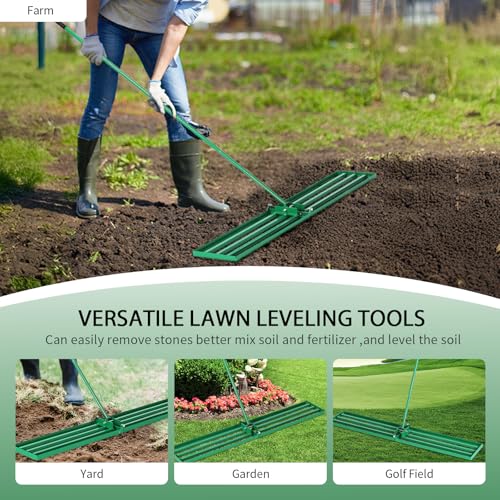 VINGLI Iron Lawn Leveling Rake 48in for Soil Sand Composs, Extended Handle, 180°Rotation Head, with All Handwares, for Yard Garden Golf Field, Green (48in) - color: 48in