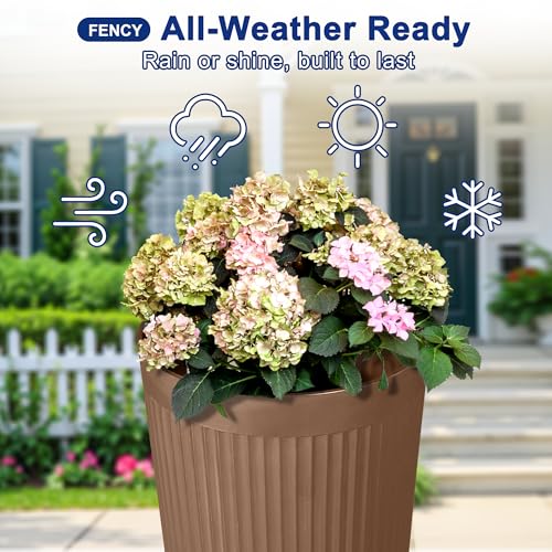 FENCY Self Watering Tall Planters Set of 2, Brown Round - color: Brown-round Ribbed