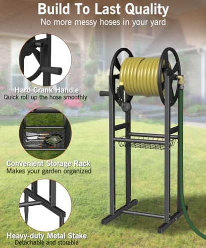 Garbuildman Ground Mount Garden Hose Reel Holds 125 Feet of 5/8-Inch with 3.9 ft Leader Hose, Brass Fitting, Water Hose Holder Stand with Storage Rack & 4 Spikes Base for Outdoor Lawn, Black - color: Black
