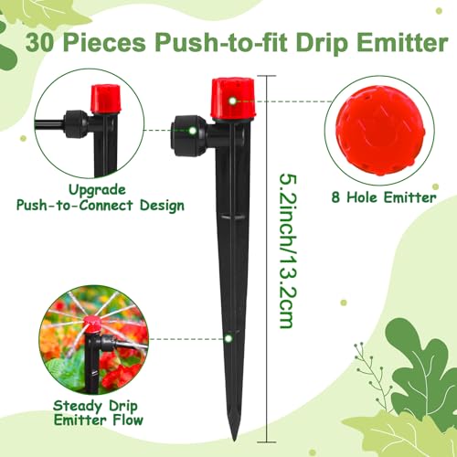 30 Pieces Quick Connect Drip Irrigation Emitters for 1/4" Tubing, Adjustable 360 Degree Water Flow Irrigation Muti Stream Spray Emitter On 5" Stake for Garden Watering System - color: Red Quick Connect Emitter-30P
