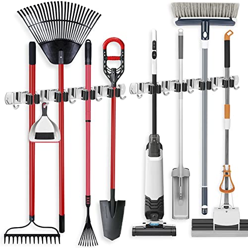 IMILLET 2 Pack Broom Holder Wall Mount Stainless Steel Mop Organizer - color: Stainless Steel - 4 Racks with 5 Hooks, size: 2 Pack