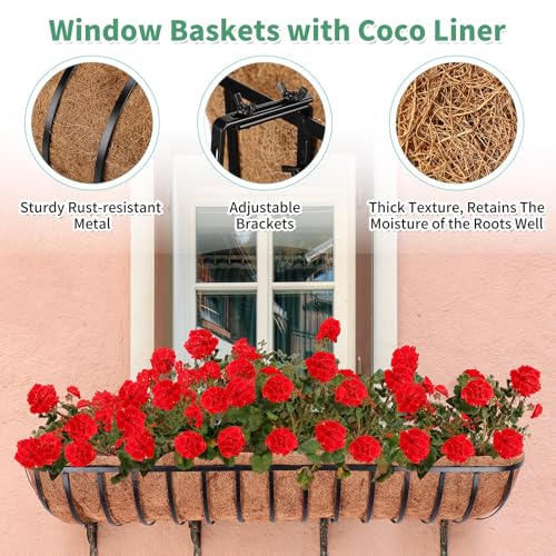 Tessco for you 4 Pack 48 Inch Window Baskets with Coconut Liner 4 Adjustable Flower Brackets Window Deck Planters Boxes Railing Planter Metal Hanging Flower Planter for Indoor Outdoor Lawn - size: 48 Inch