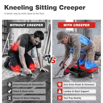 Kneeling Sitting Creeper with Chest Support, Rolling Knee Pads with Adjustable Seat & Tool Tray, 3-Inch Multi-Terrain Casters & Anti-Flip Protection for Tile Flooring, Auto Repair & Gardening