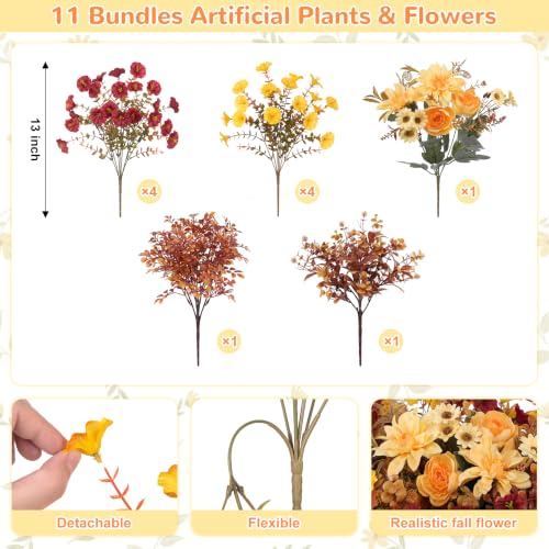 Hrobek Fall Artificial Mums Flowers for Outdoor UV Resistant Fake Plants - color: Orange Yellow Brown