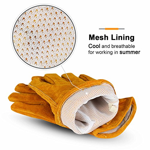 OZERO Leather Work Gloves, Gardening Gloves, Cowhide, Mesh Lining, X-Large - color: Gold With Mesh Linning (1 Pair), size: X-Large