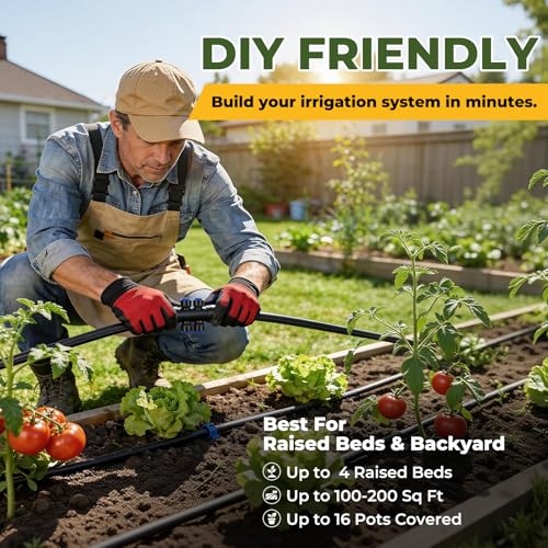 100FT Drip Irrigation System Kit, Quick Connect Garden Watering System, Easy Install Drip Irrigation Kit with 1/2" & 1/4" Tubing, Adjustable Emitters for Garden, Raised Beds, Greenhouse - size: 100FT
