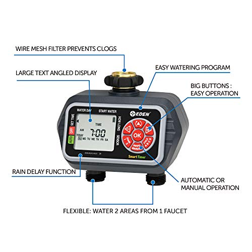 Eden 93412 Programmable Digital Water Timer 2-Zone, Compatible with Wireless Soil Moisture Sensor - size: 2 Zone