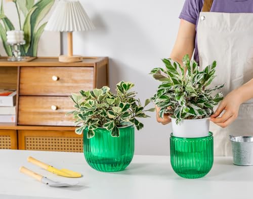 Melphoe Self Watering Pots for Indoor Plants Planter, 6.5/5.3 Inch 2 Pack Planters Self Watering Plant Pots for Flower, Houseplants, Succulent, African Violets and Cactus with Drainage - color: Emerald, size: 6.5''+5.3''